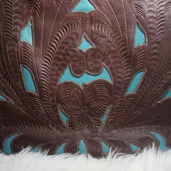 JL Saldivar Cutout Tooled Leather Large Purse Tote Bag, Dark Brown & Turquoise - Picture 12 of 16